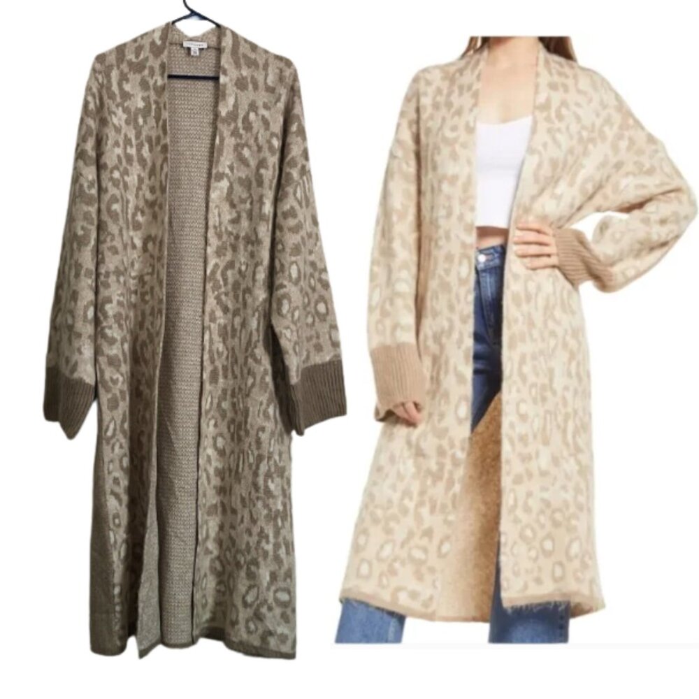 TopShop Cardigan Long Line Wool Blend Leopard Print Accent Mob Wife Grunge